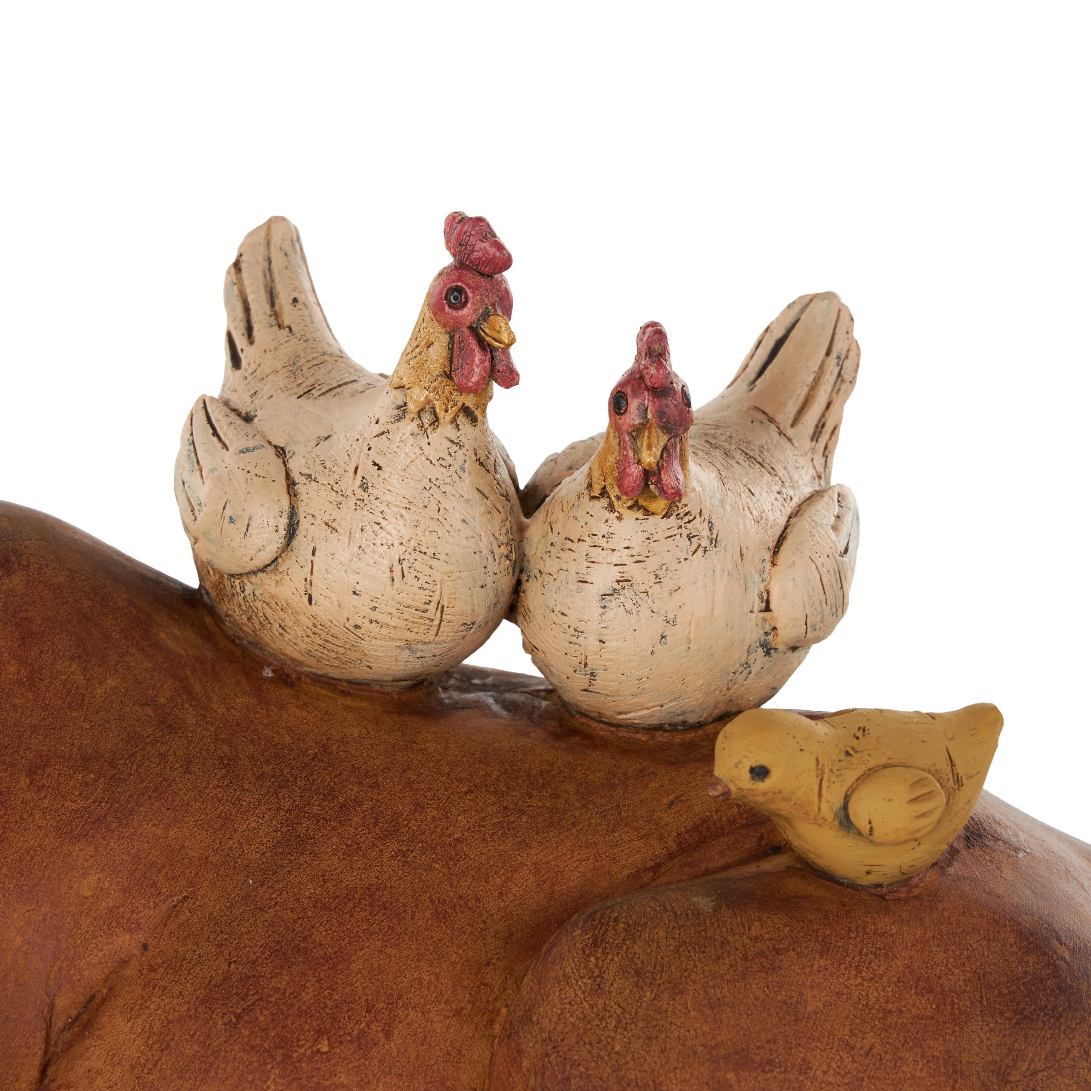 12" x 7" Copper Polystone Cow Sculpture with Sitting Roosters and Chicks, by DecMode