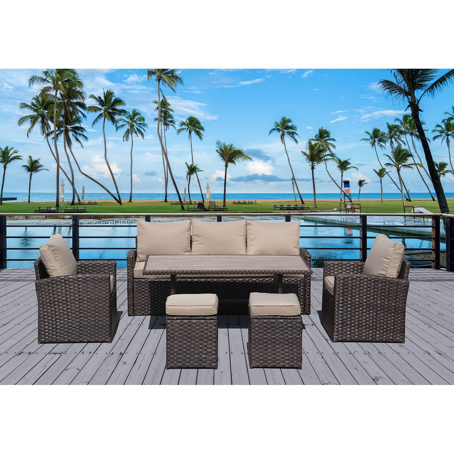 Kepooman 6-Piece Outdoor PE Rattan Sofa Set, Patio Garden Wicker Dining and Coffee Sofa - Dark Brown Kepooman 6-Piece Outdoor PE Rattan Sofa Set, Patio Garden Wicker Dining and Coffee Sofa - Dark Brown