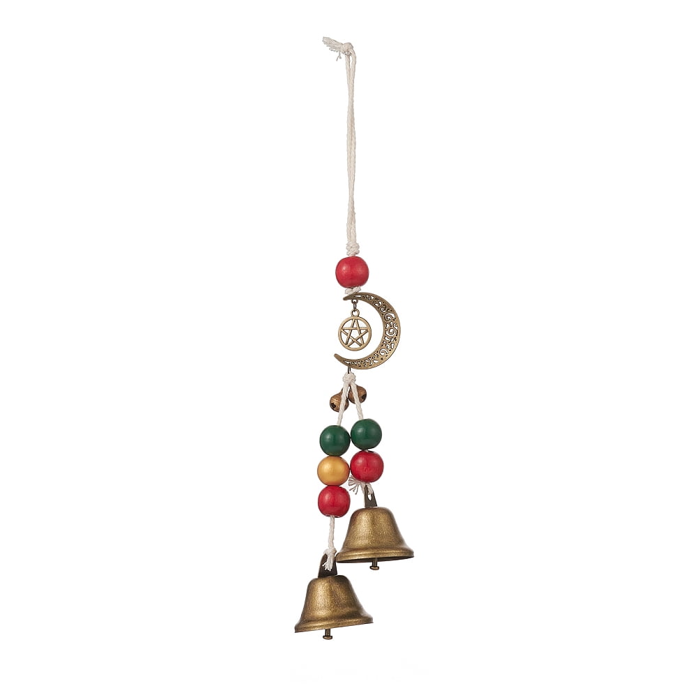 20 pc Christmas Theme Schima Wood Beaded Pendant Decorations Iron Bell Wind Chimes with Alloy Moon & Star Colorful 290mm