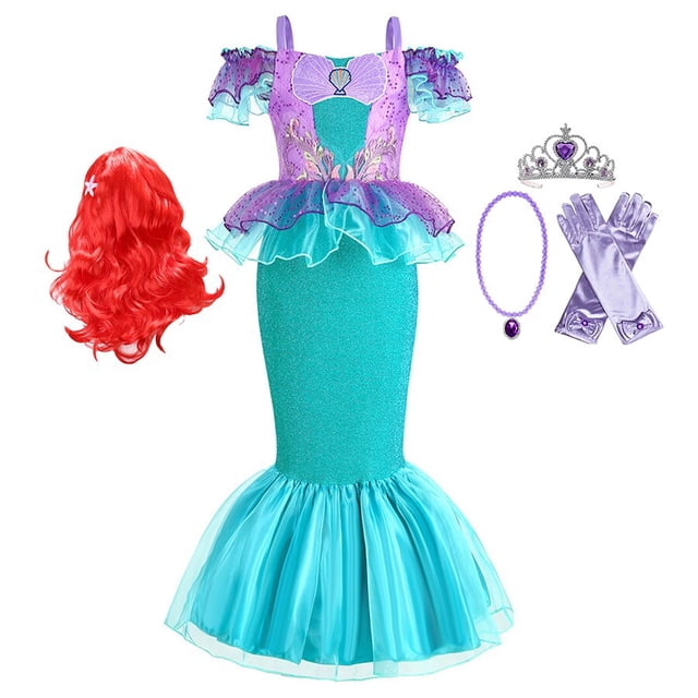 Niñas Sirenita Ariel Princesa Vestido Malla Halloween Navidad Cola de pez Lentejuelas Tul Volante Manga Vestido de fiesta zhangmengya unisex