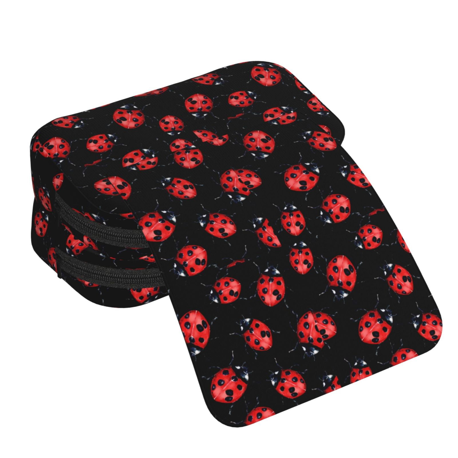 Rateoe Beautiful Red Ladybug Pattern Double Clamshell Pen Case, Storage Organizer with Two Zipper Compartments– Holds Up to 50 Pencils & Pens