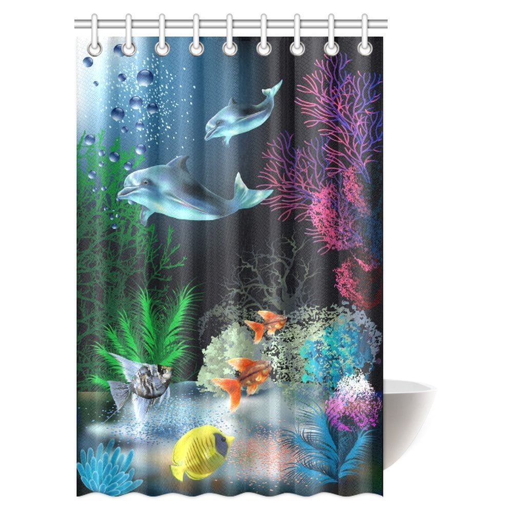 71/"x71/" Waterproof Bath Shower Curtain Mat Set Ocean Dolphin Fish Undersea World