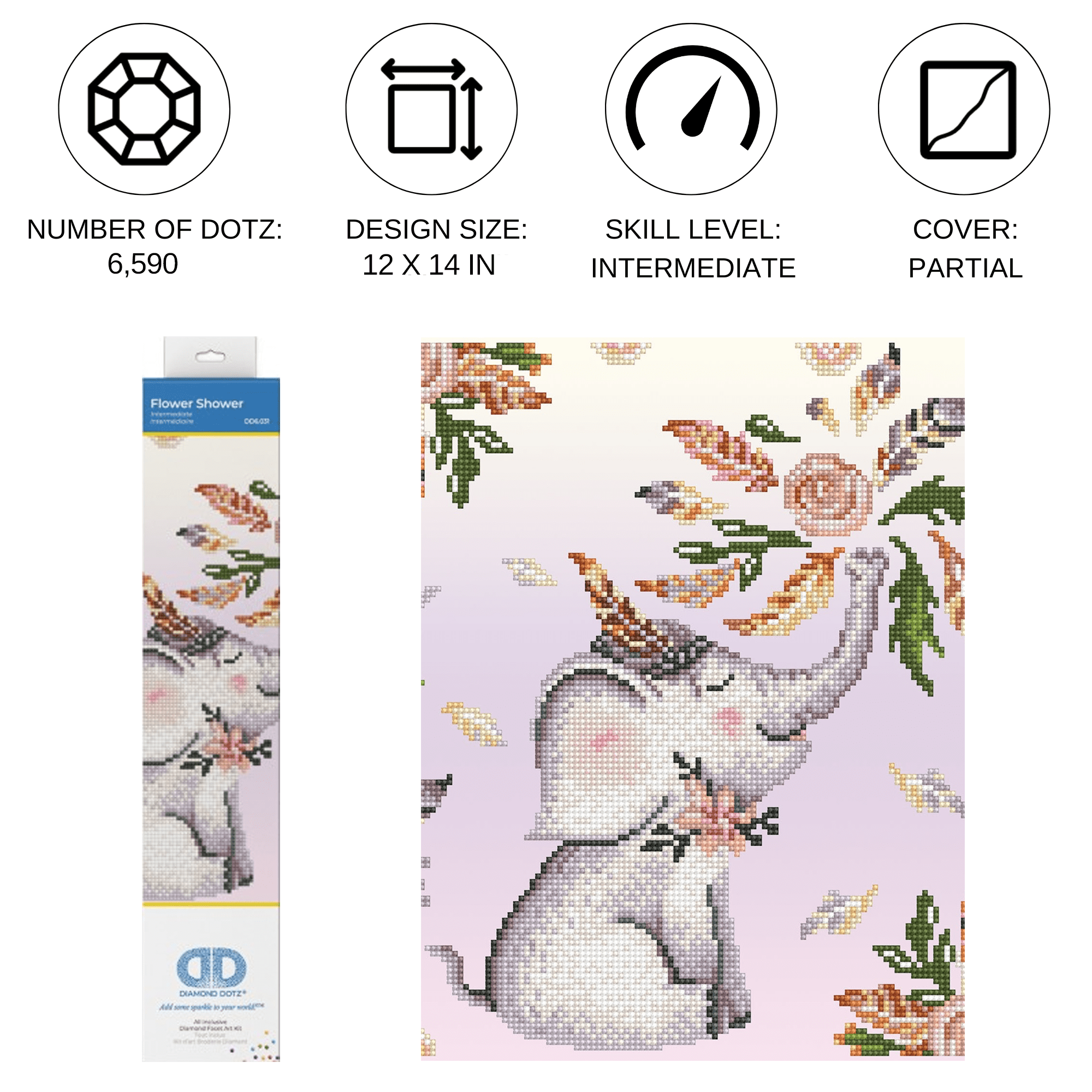 Diamond Dotz Flower Shower Elephant Diamond Painting Kits for Adults - Diamond Art Kits a Relaxing Creative Craft Kit with Dotz Gems  12"x14"