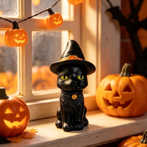 Halloween Black Cat Decorations with Witch Hat, Resin Black Cat Figurine Ornament for Table Mantel Party Home Office Decoration, 4"