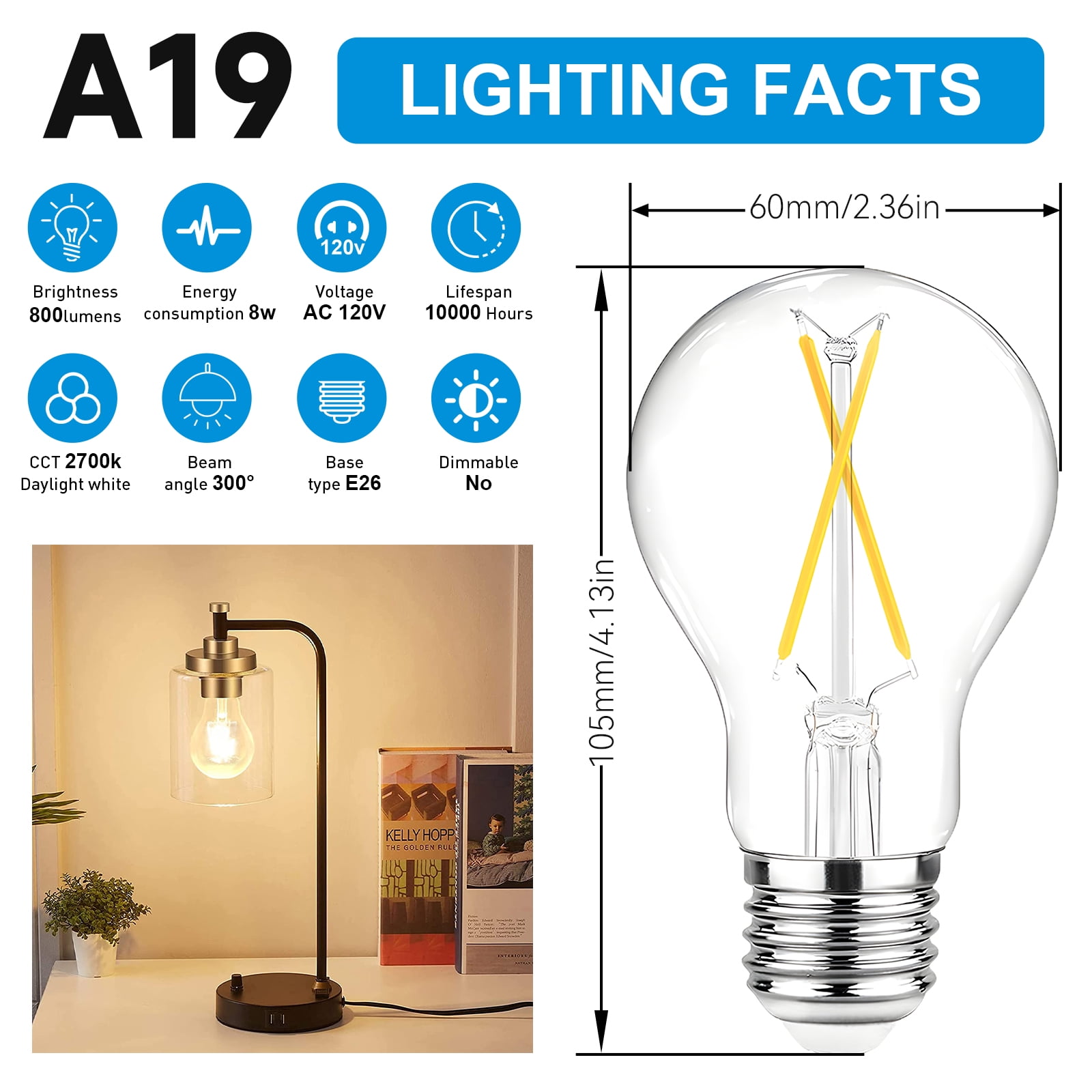 DAYBETTER A19 Vintage LED Edison Bulbs,NO-Dimmable Light Bulbs 60W Equivalent,5000K White, 8W E26 Standard Base, 800Lumens, CRI80+, Clear Glass Filament Bulb for Home, Farmhouse,24 pack