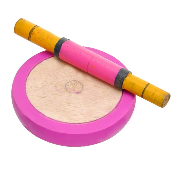 Kids Mini Wooden Chakla 4.5 Inch With Wooden Belan 6 Inch, Multicolor - Mini Wooden Chakla With Belan For Kids