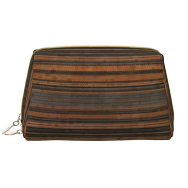Large Clutch Leather Makeup Bag, Brown Vintage Stripes Travel Toiletries Bag, Ladies Cosmetic Storage Bag