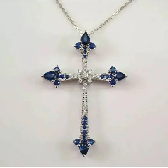 2Ct Round Cut Lab-Created Sapphire Diamond Cross Pendant 14K White Gold Plated