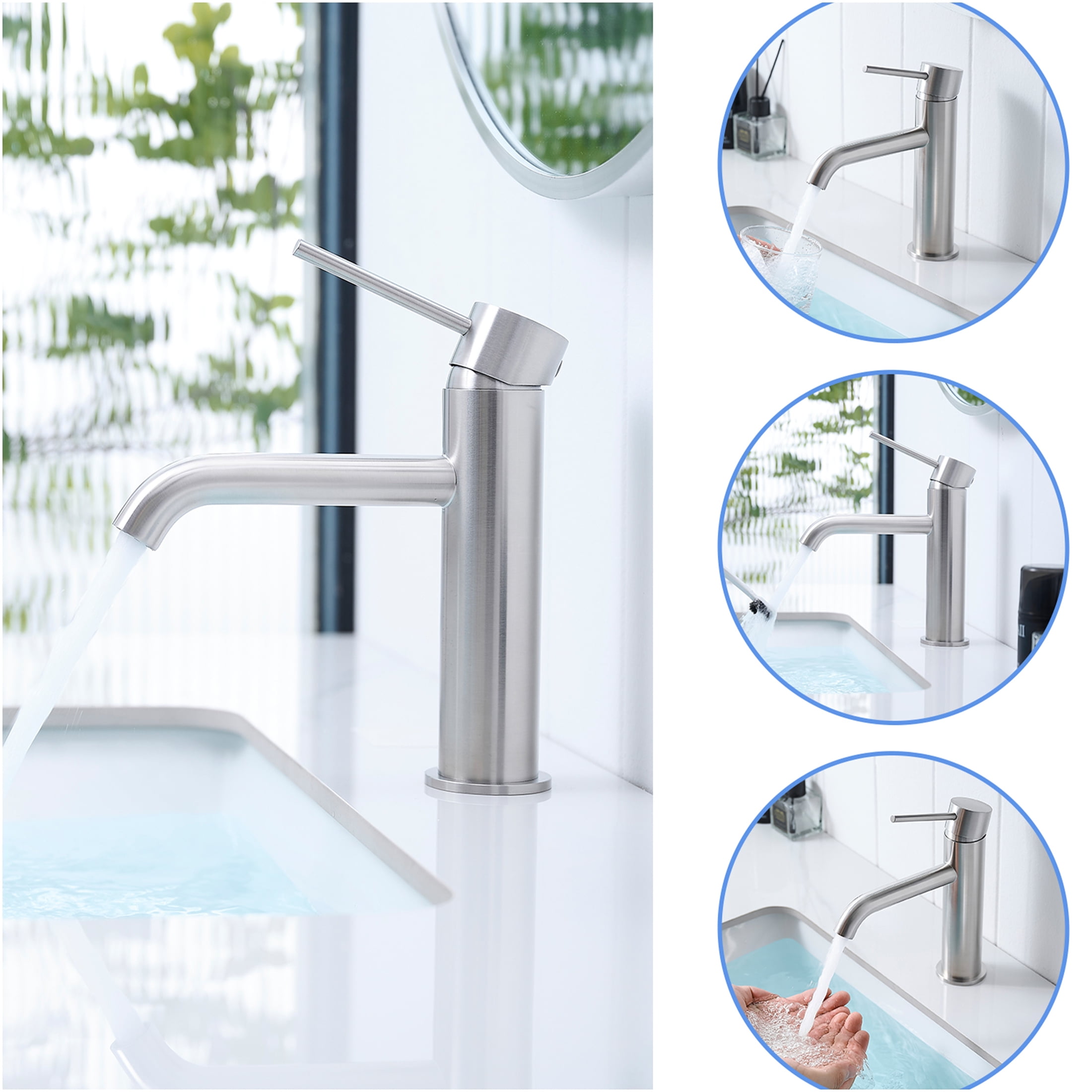 JERFIT Single Hole Bathroom Faucet, Brushed Nickel Modern Single Handle Vessel Sink Faucet with High Arc Spout for Vanity Basin, Ceramic Cartridge, Easy Installation