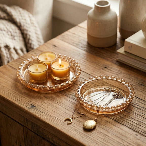 Rirozkan Amber Beaded Glass Tray, Round Jewelry Organizer Candle Holder for Vanity Table Centerpiece Home Decor