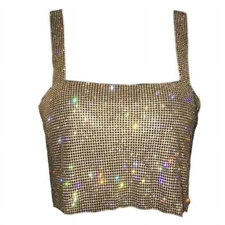 BOOYOU Women Sexy Off Shoulder Cropped Tank Top Glitter Rhinestone Metal Diamond Camis Vest Backless Dancing Festival Party Jewelry Clubwear