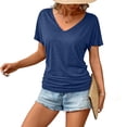 thumbnail image 2 of Women Short Sleeve Solid Color T Shirts Basic V Neck Tops with Side Shirring Shirt Spring Fashion Tunic Tees, 2 of 9