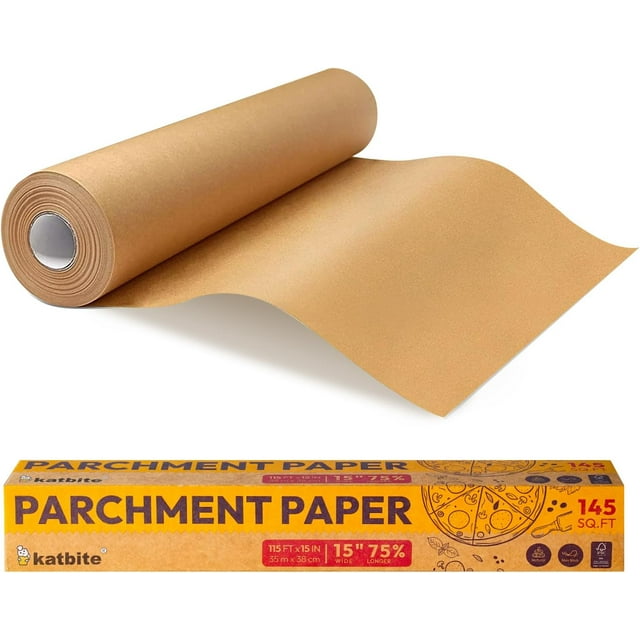 Katbite Parchment Paper Roll 15in x 115ft, Unbleached Pachment Baking Paper Roll 145 Sq.Ft, Non-Stick and Extra Longer Parchment Paper with Portable Serrated Cutter for Baking,Cooking,Space-Saving