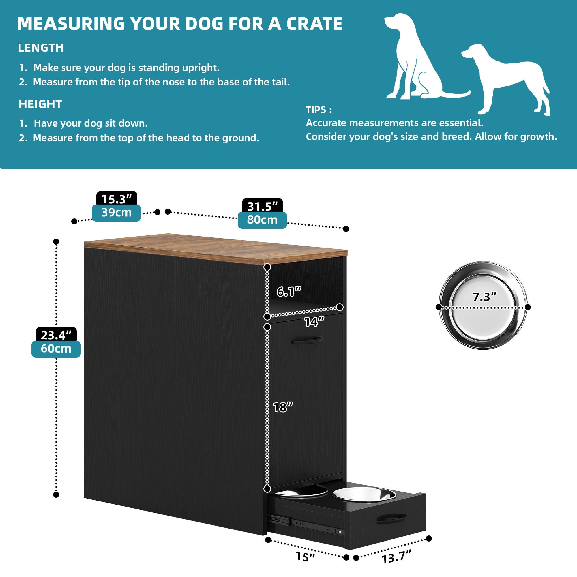 Uforic Modern Wooden Elevated Pull Out Pet Feeder with 2 Food Water Bowls and Storage Cabine, Black
