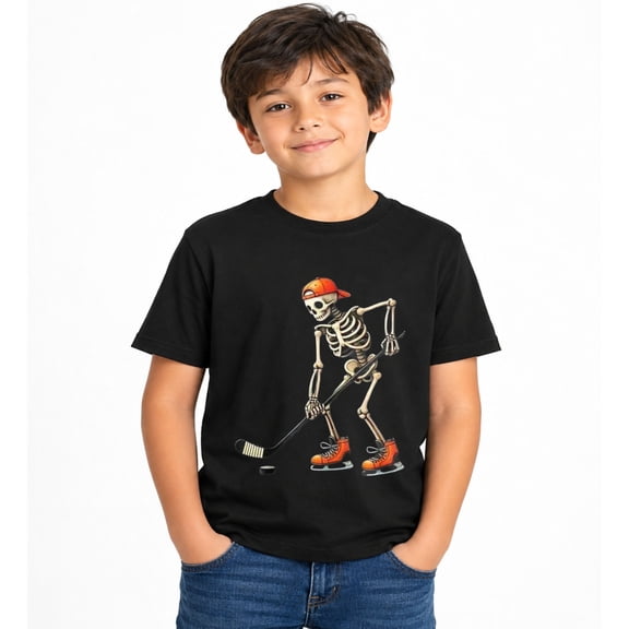 Boys Halloween Skeleton Hockey Player Graphic T-Shirt, Cute Spooky Short Sleeve Shirt for Seasonal Wear