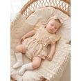 thumbnail image 5 of BemeyourBBs Newborn Baby Girl Summer Clothes Cotton Linen Outfit Infant Bubble Romper Cute Floral Bow Print Fake Two Pieces Flutter Sleeve Bodysuit Jumpsuit Playsuit with Headband, 5 of 9