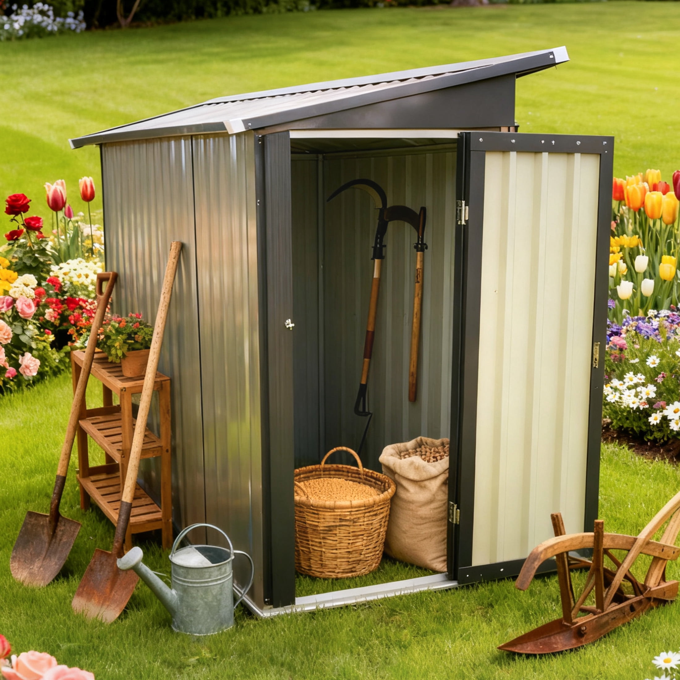 Noble House 4x2 FT Metal Outdoor Garden Shed, Galvanized Steel Storage House with Window & Hinged Door, Black & Brown