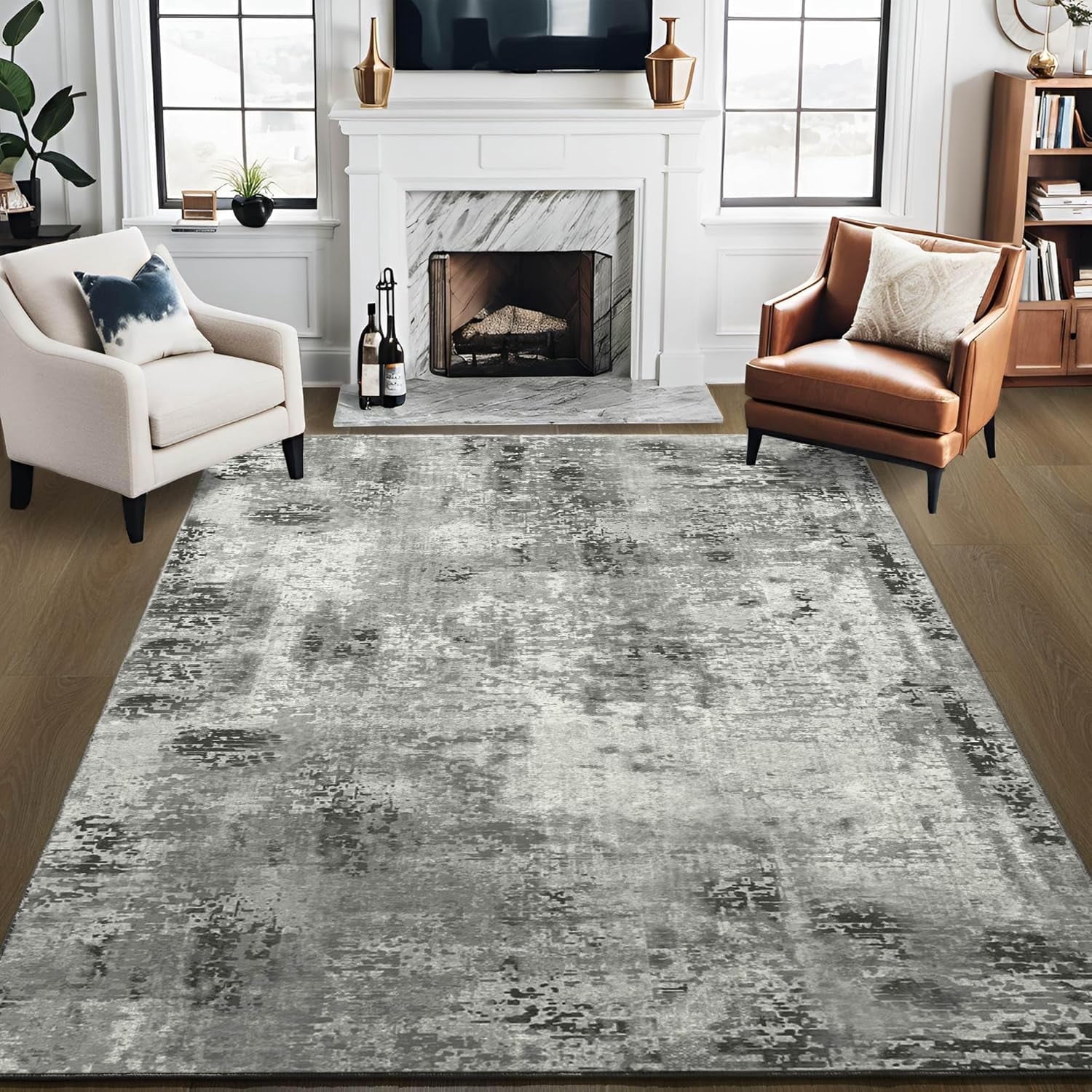 Arogan Modern Abstract Washable Rug for Living Room, Bedroom, Dining Room, Children's Playroom, Grey, 5' x 7'