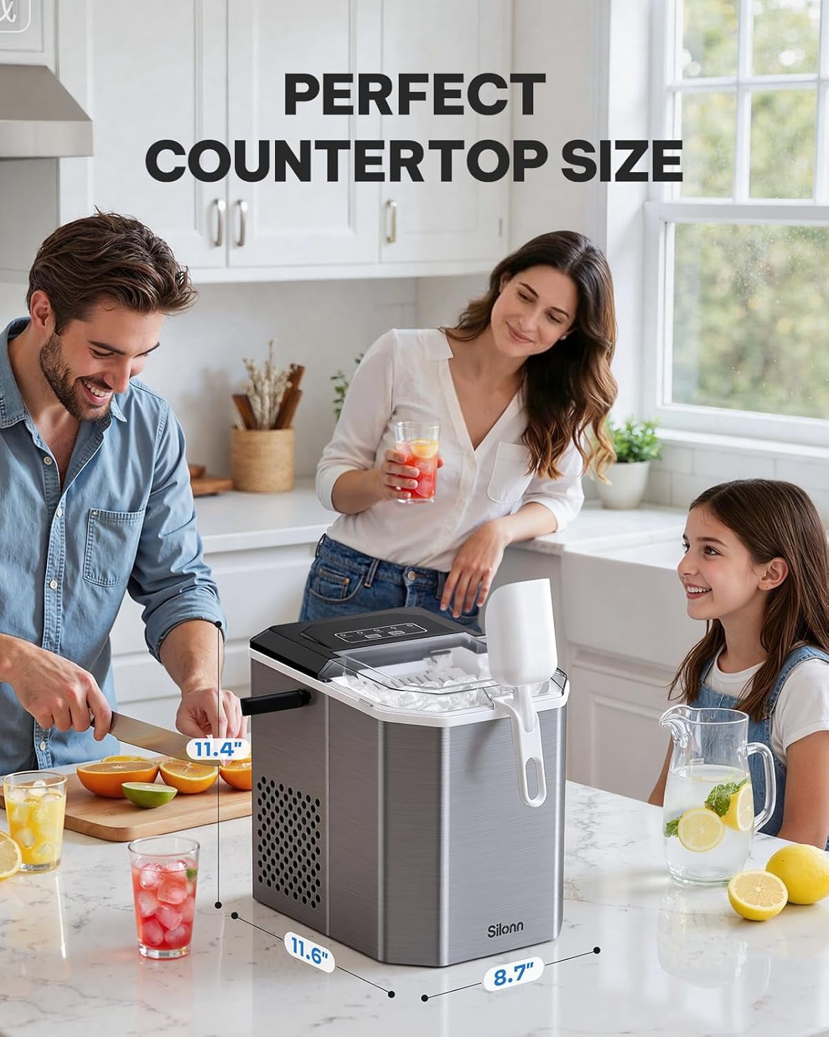 Ice Maker Countertop Machine with Handle, 26lbs in 24h, 9 Ice Cubes Ready in 6 Mins, Self-Cleaning Ice Makers with Basket and Scoop, Ideal for Home, Kitchen, Camping, RV