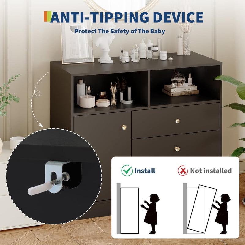 TROPOW Baby Changing Table Dresser with Detachable Top, Wooden Diaper Station with 3 Drawers, 2 Shelves & Cabinet, Modern Nursery Dresser for Baby Room, Black