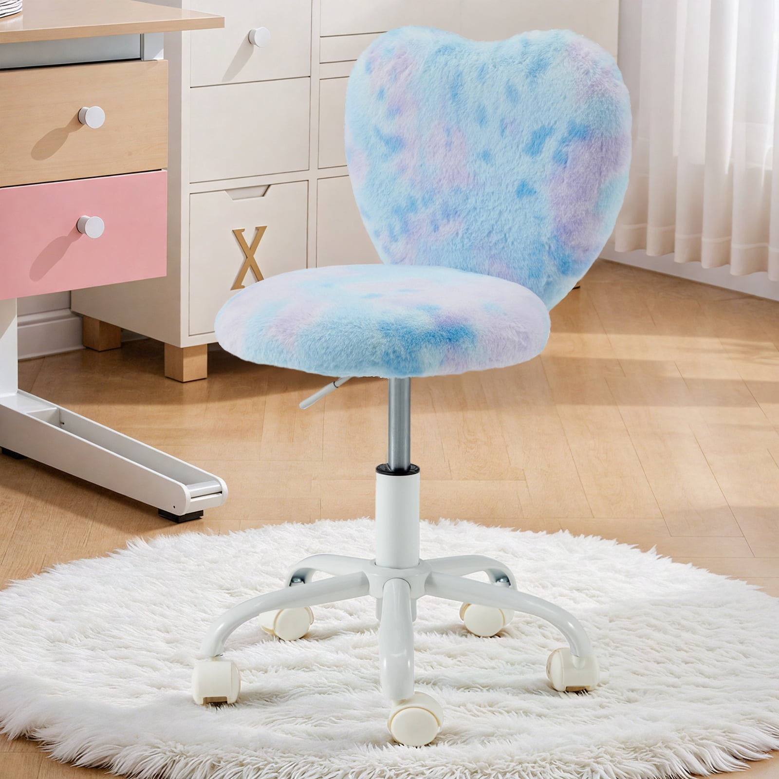 Vicluke Kids Desk Chair with Wheels Adorable Fluffy Girls Desk Chair with Heart-Shaped Backrest Design Adjustable Seat Height for Bedrooms & Study Rooms, Dreamy Blue