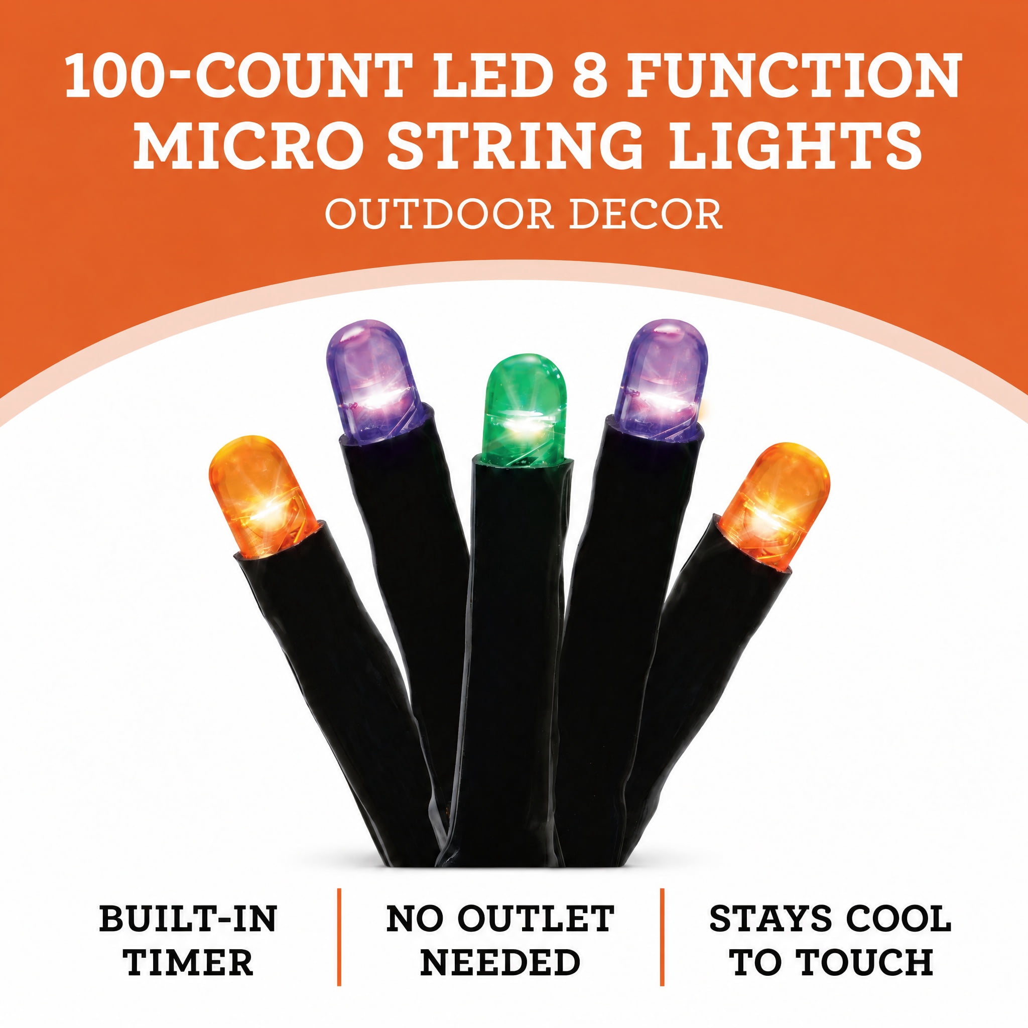 Indoor/Outdoor 100-Count Battery-Operated LED 8-Function Micro String Lights, Multicolor, 33', Halloween by Way To Celebrate