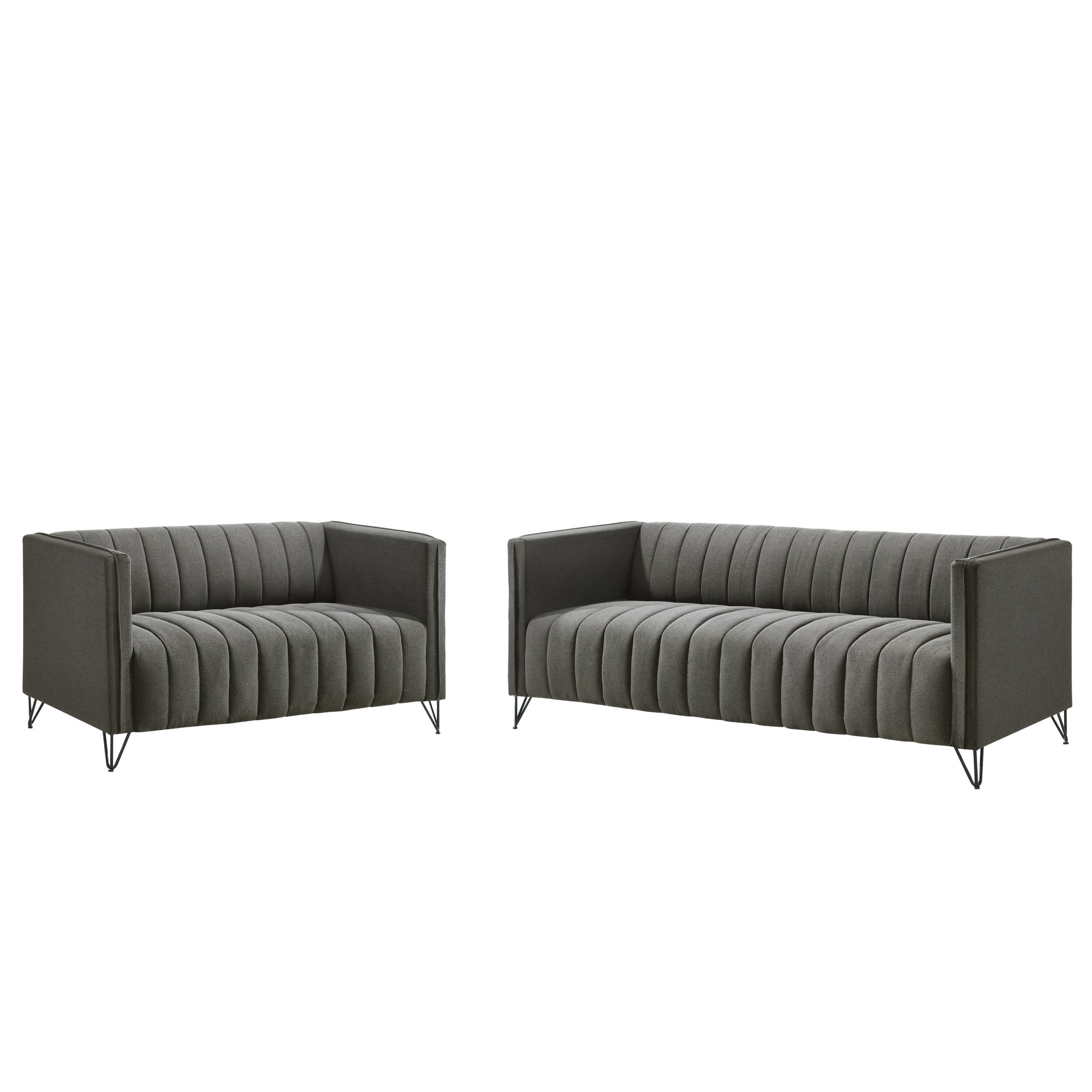 Home Design Kurtis 2-Piece Living Room Set with Square Arm Loveseat and Sofa, Channel-Tufted Upholstery, Gray