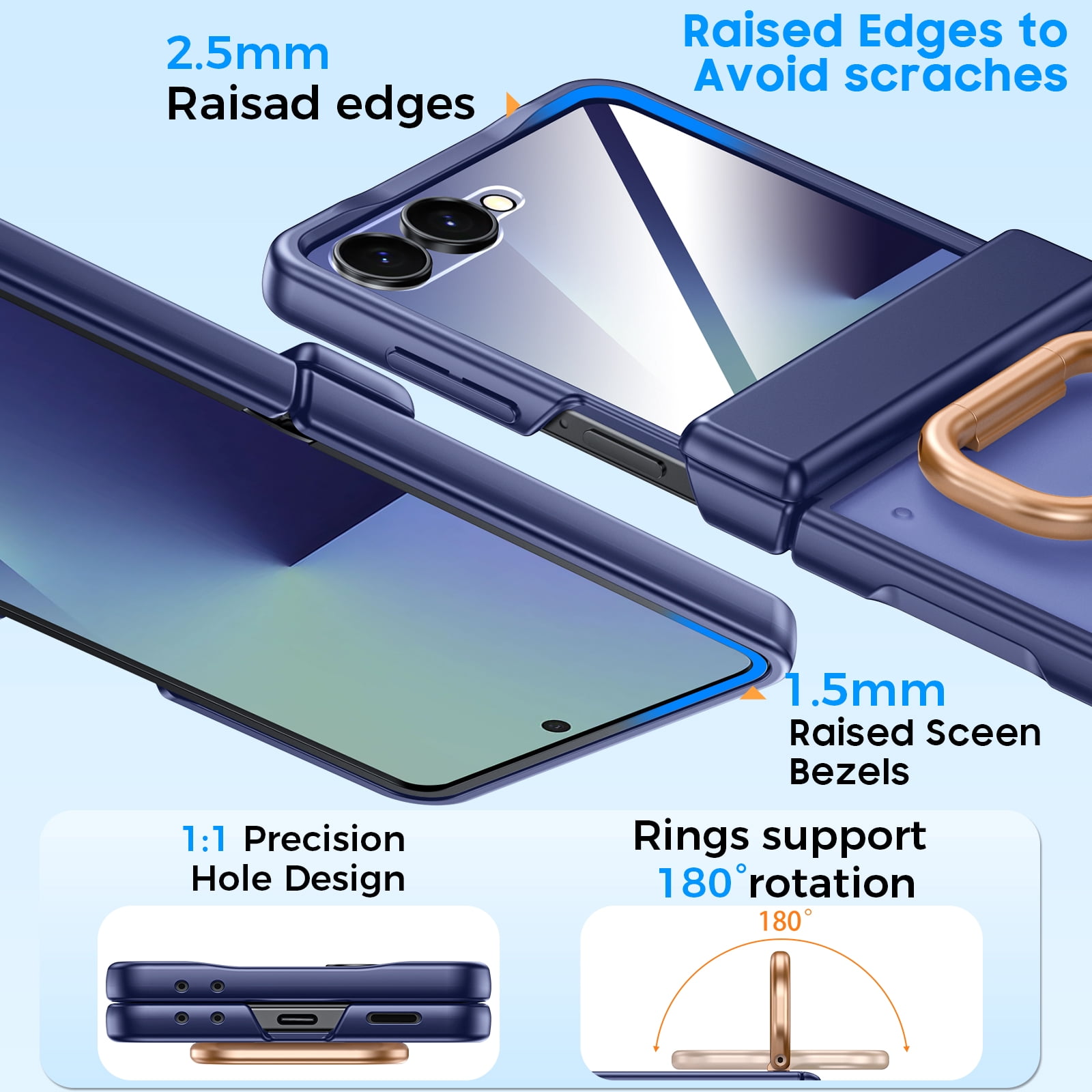 Vizvera for Samsung Galaxy Z Flip 7 Case with Ring Holder & Screen Protector & Hinge Protection,Wireless Charging,Skin Feel Matte PC,Shockproof Phone Case-Blue