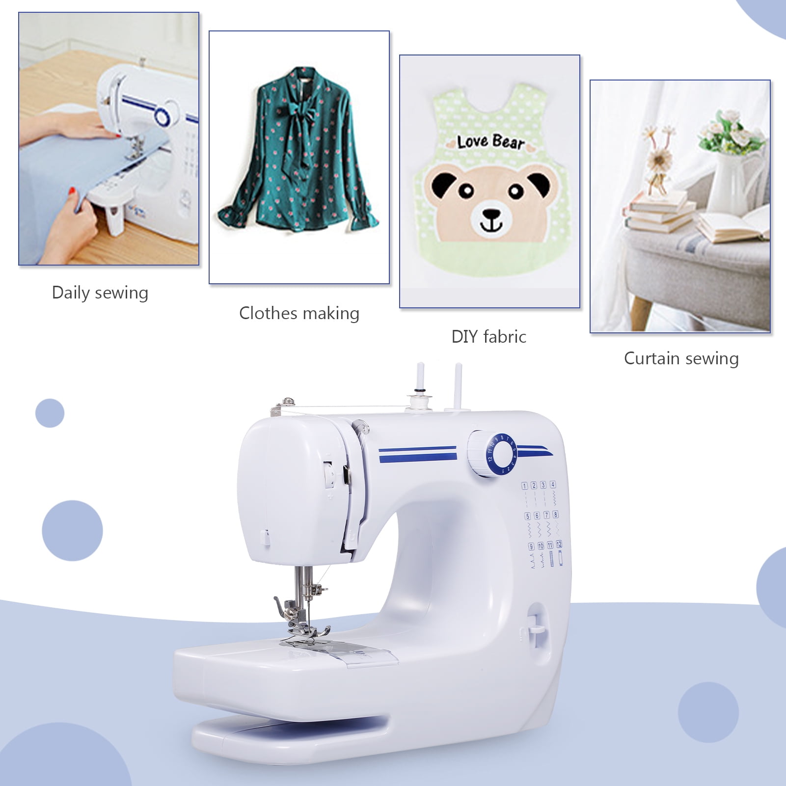 Mini Electric Sewing Machine Household Built-in Stitches Free Arm 12 Stitches Penetrate 8 Layers Desktop Crafting Mending Machine LED Light