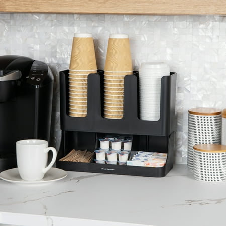 Mind Reader - Cup and Condiment Station, Countertop Organizer, Coffee Bar, Kitchen, Stirrers, 13"L x 6.4"W x 11.5"H - Black