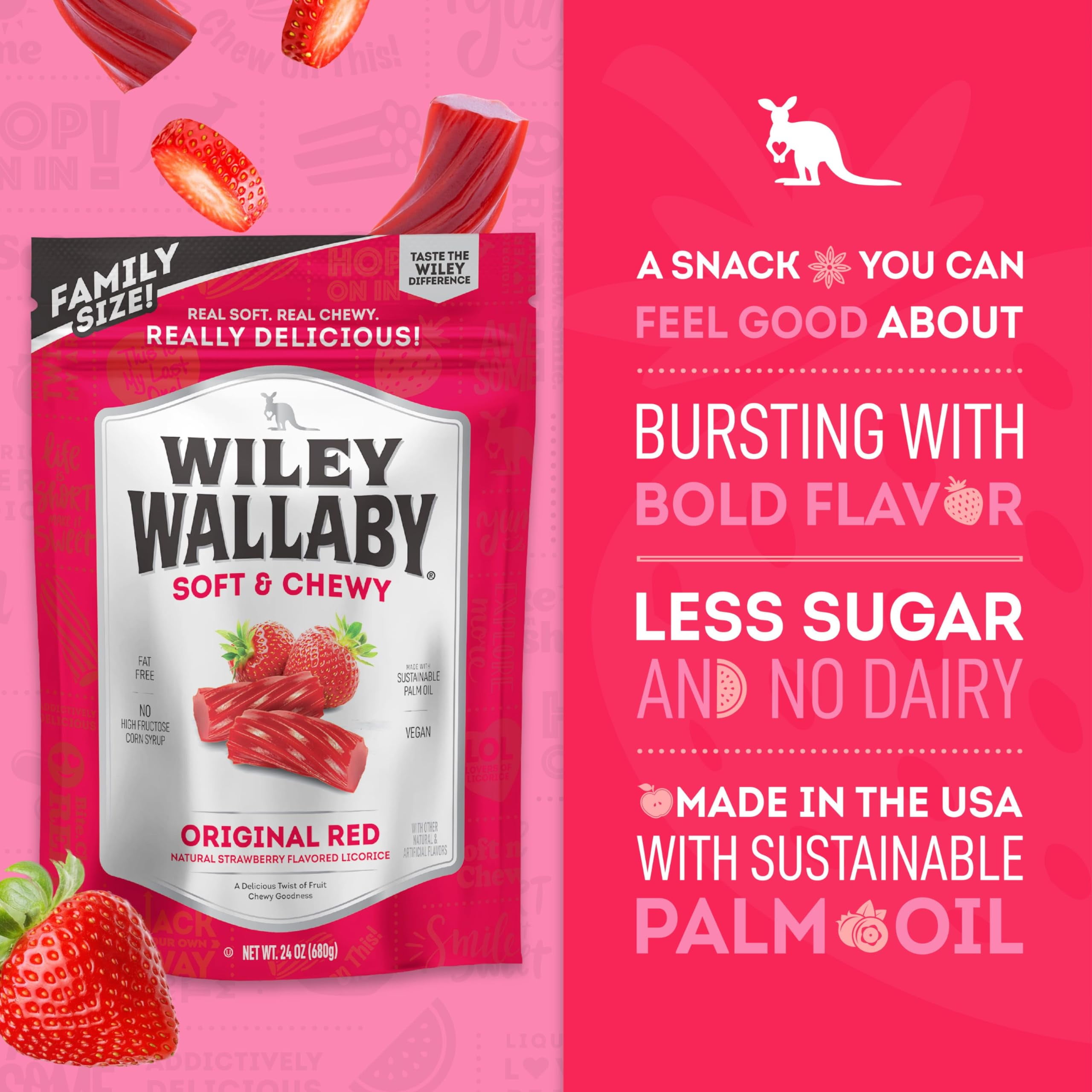 (3 pack) Wiley Wallaby Red Liquorice, Red, 24 Oz