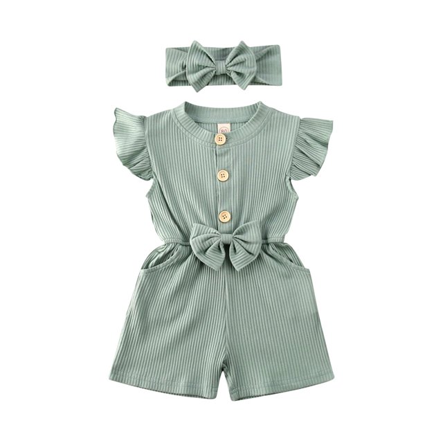 TheFound 2 Pcs Ensembles de Barboteuse pour Bébé Fille Tricoté avec Boutons + Bandeau