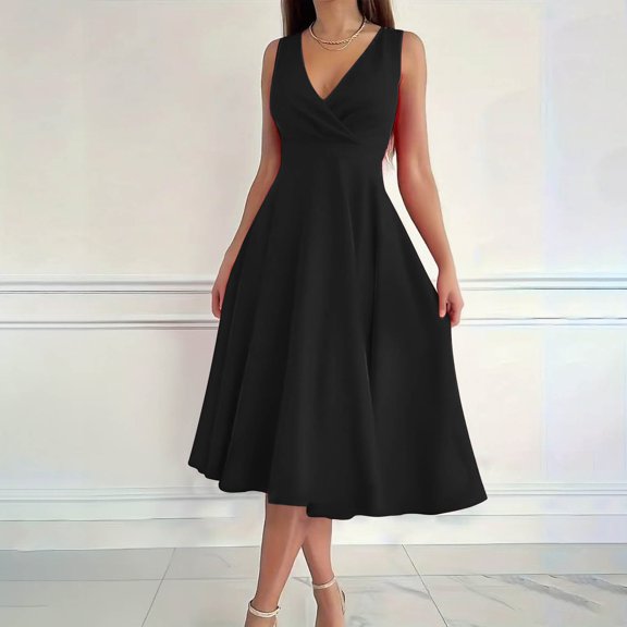Bnwani Womens Summer Dresses,Ladies Dresses,Casual,V-Neck,Sleeveless,Solid,Black,XL