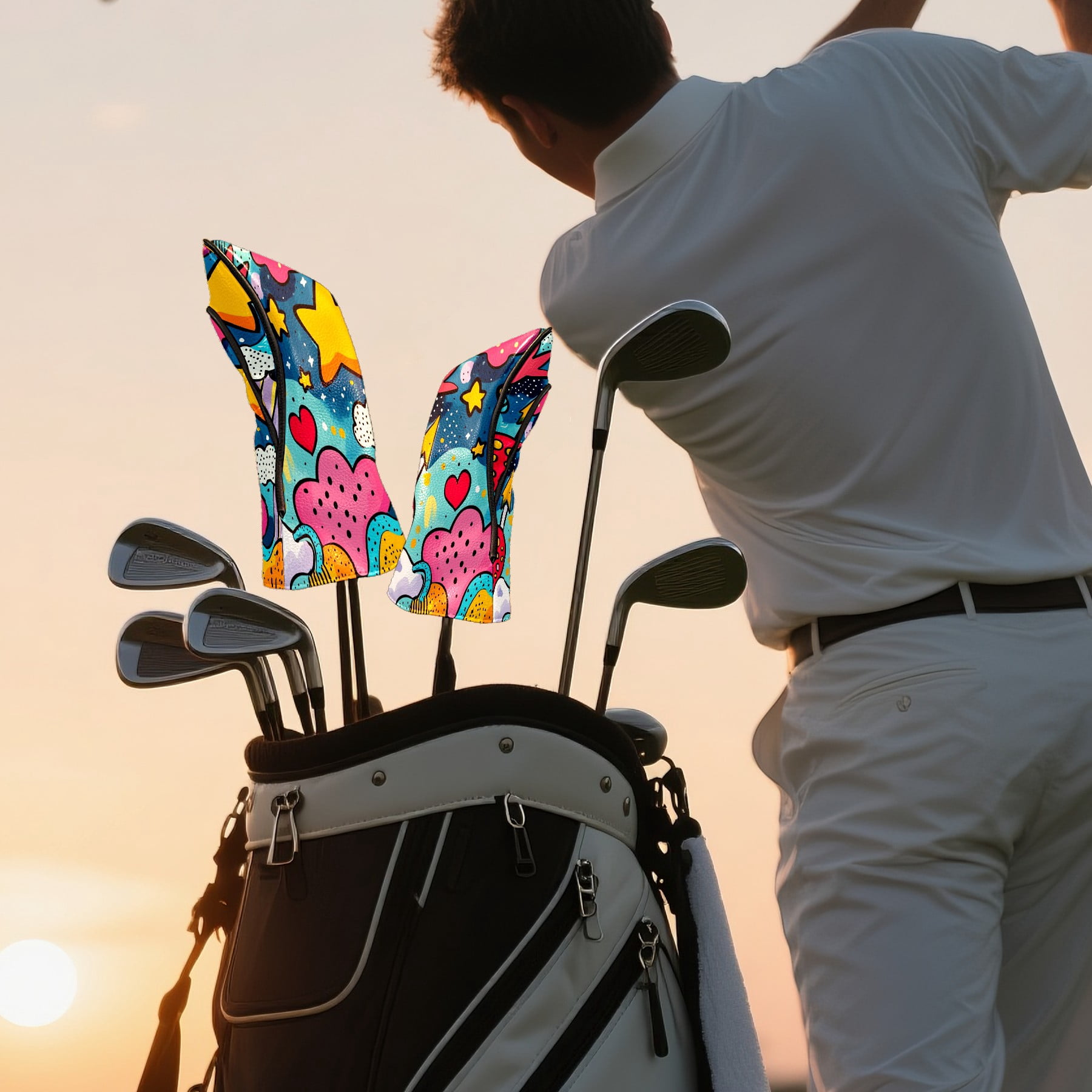 Golf Head Covers - Cute Patterns, Premium Waterproof PU Leather, Plush Lining, Fits Driver/Hybrid, Fun Golf Gift