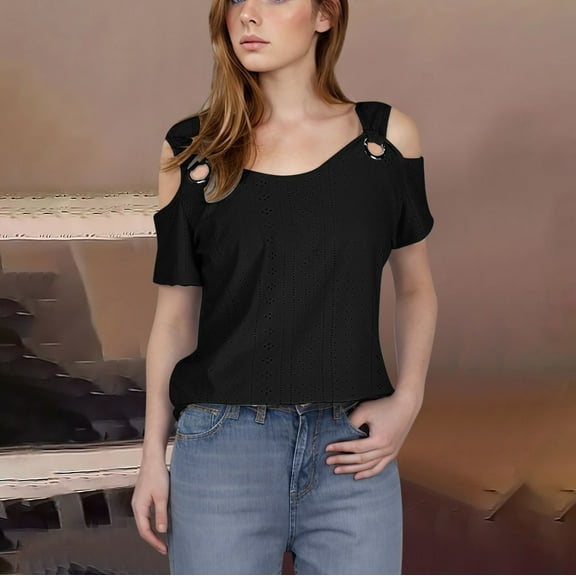 DJskiyers Summer Shirts for Women 2025 Cold Shoulder Tops Short Sleeve Eyelet Blouses V Neck Tshirts Loose Fit Tees T Shirts, Womens Short Sleeve Tops, Womens Summer Tops