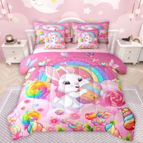 Manfei Kawaii Rabbit 7-Piece Twin Bedding Sets,Colorful Dinosaur Egg Bedding Comforter Set,Rinbow Candy Sheet Sets For Girl Kids,Super Cozy Room Decor Reversible