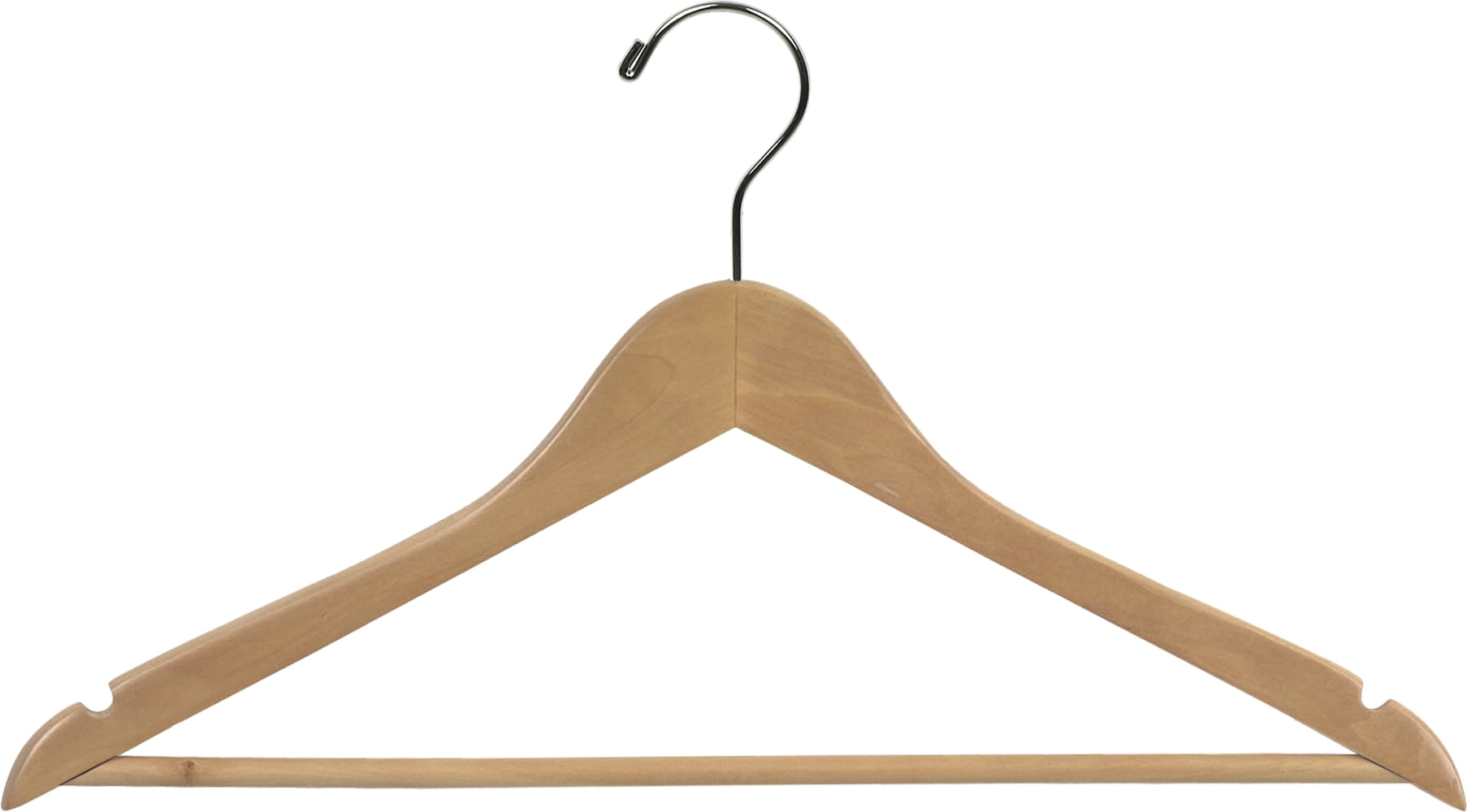 Wood Suit Hanger w/ Solid Wood Bar and Natural Finish, (Box of 25) Space Saving 17 Inch Flat Wooden Hangers w/ Chrome Swivel Hook & Notches for Shirt Dress or Pants by International Hanger