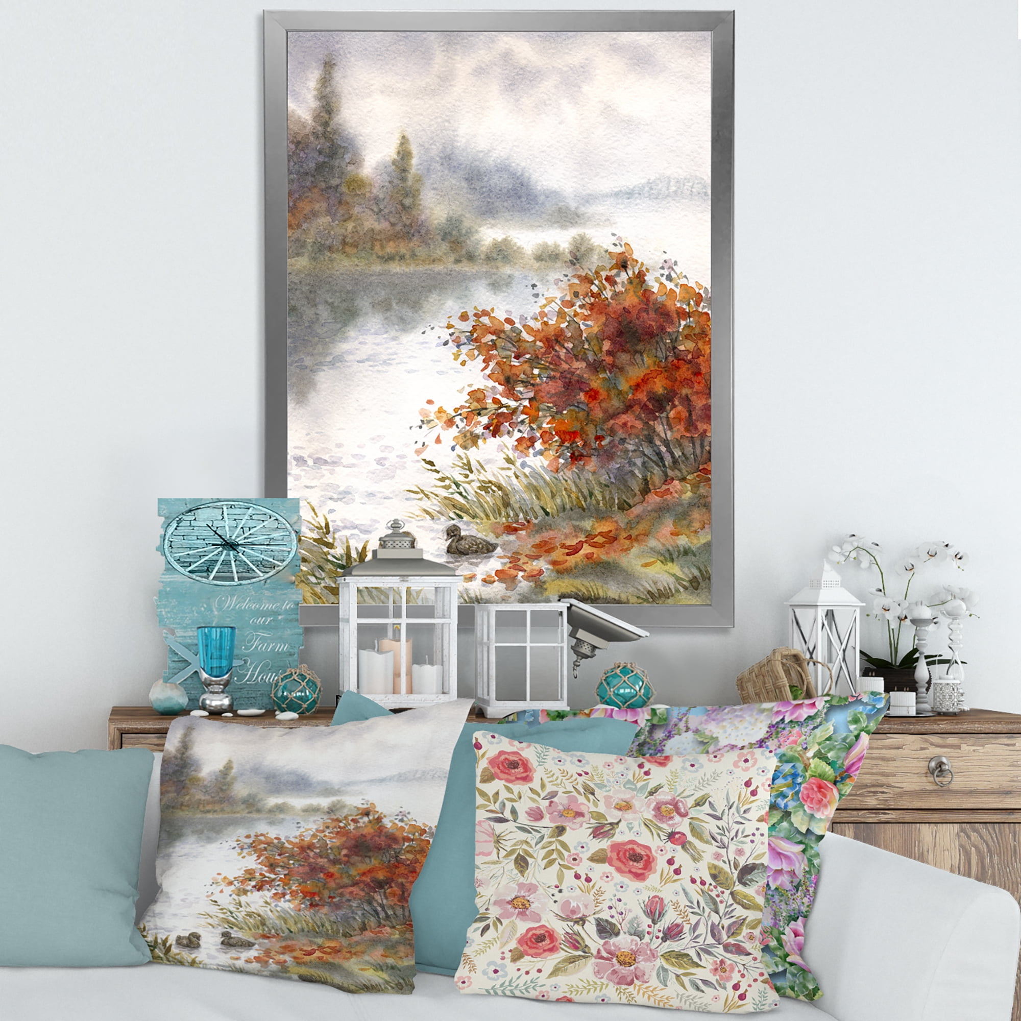 Designart 'View Of The Lake In Autumn Colored' Traditional Framed Art Print