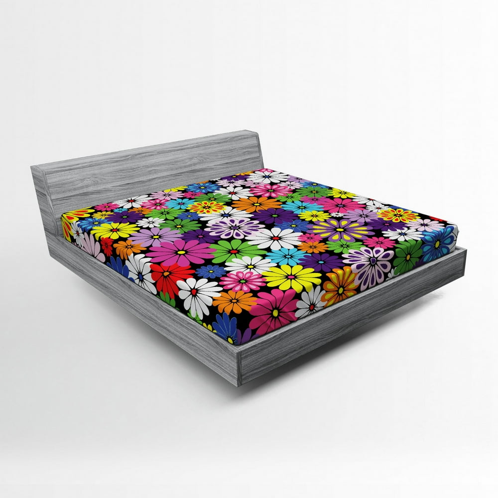 Flower Fitted Sheet, Floral Vivid Pattern with Colorful Flowers Daisies