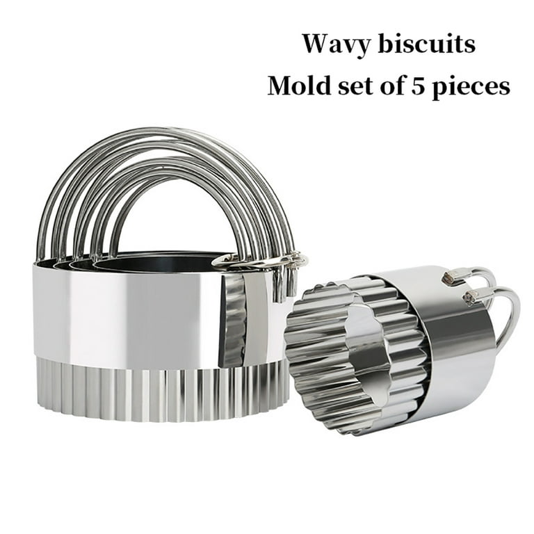 Biscuit Cutter Set (5 Pieces/Set), Stainless Steel Round Biscuit Cutters with Handle, Wave Cookies Cutter with Fluted Edge, Professional Baking Dough