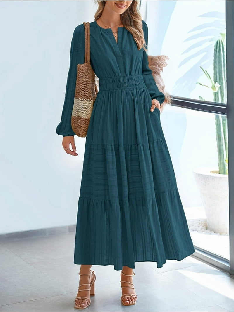 Women's Maxi Dress Long Sleeve V-Neck with Pockets, Casual Elastic Waist  Lightweight Wedding Guest Dress for Fall Peacock Green L - Walmart.com
