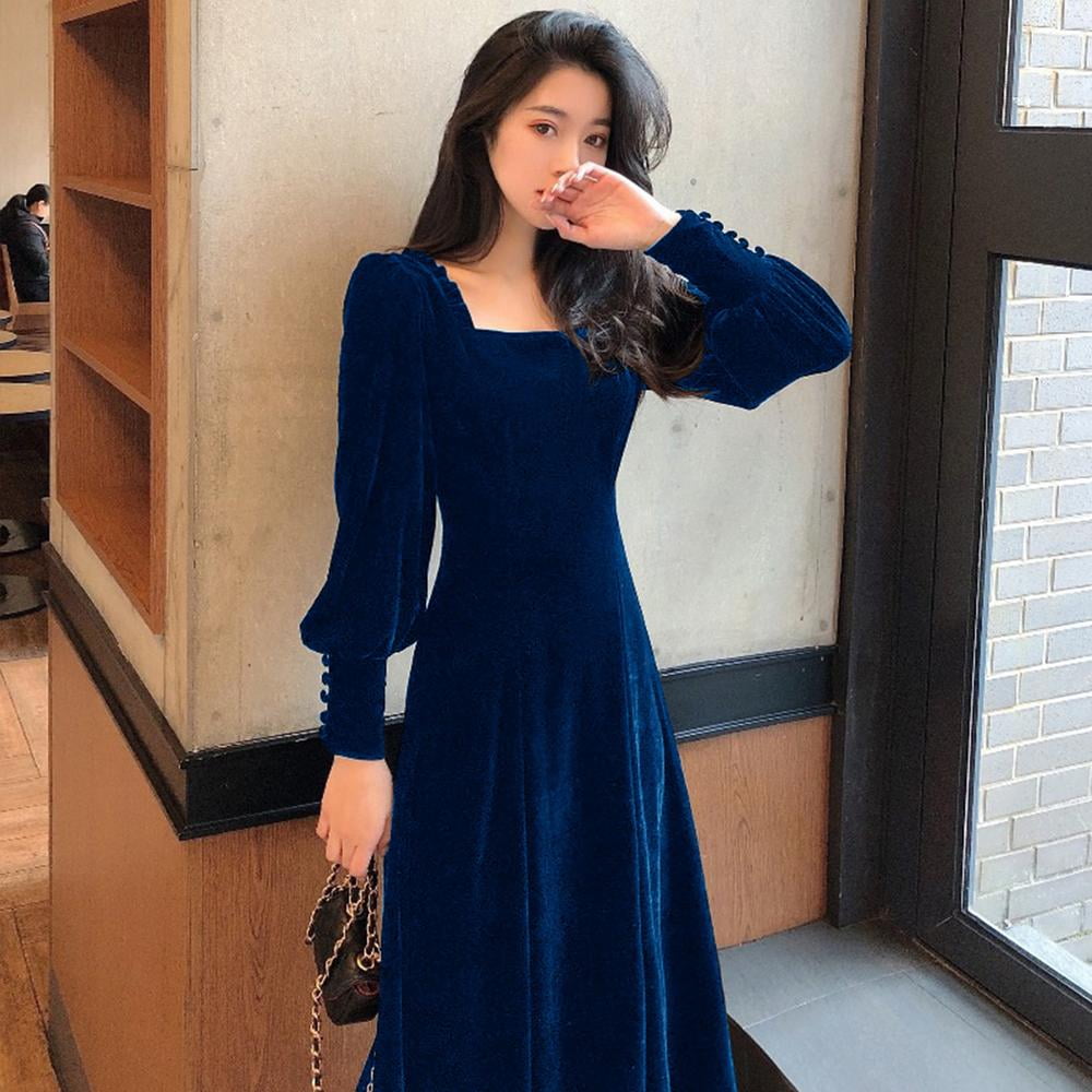 Square Collar Mid-Length Long-Sleeved Velvet Dress Women'S Autumn And  Winter Slimming Design Sense - Walmart.com