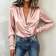 thumbnail image 6 of Qgtaibl Womens Work Long Sleeve Blouses Satin Wrap Deep V Neck Pleated Shirts Elegant Loose Fit Office Dressy Tops Pink L, 6 of 9