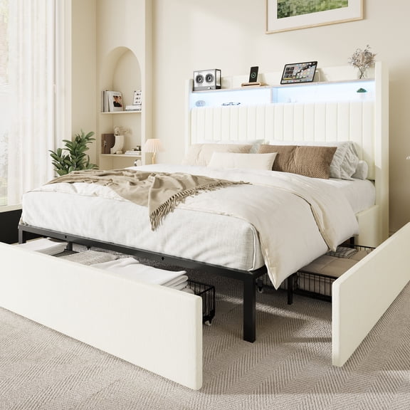Amolife Queen Bed Frame, Chenille Upholstered Storage Bed with 2 Shelves LED Wingback Headboard, 3 Drawers & USB Ports, White