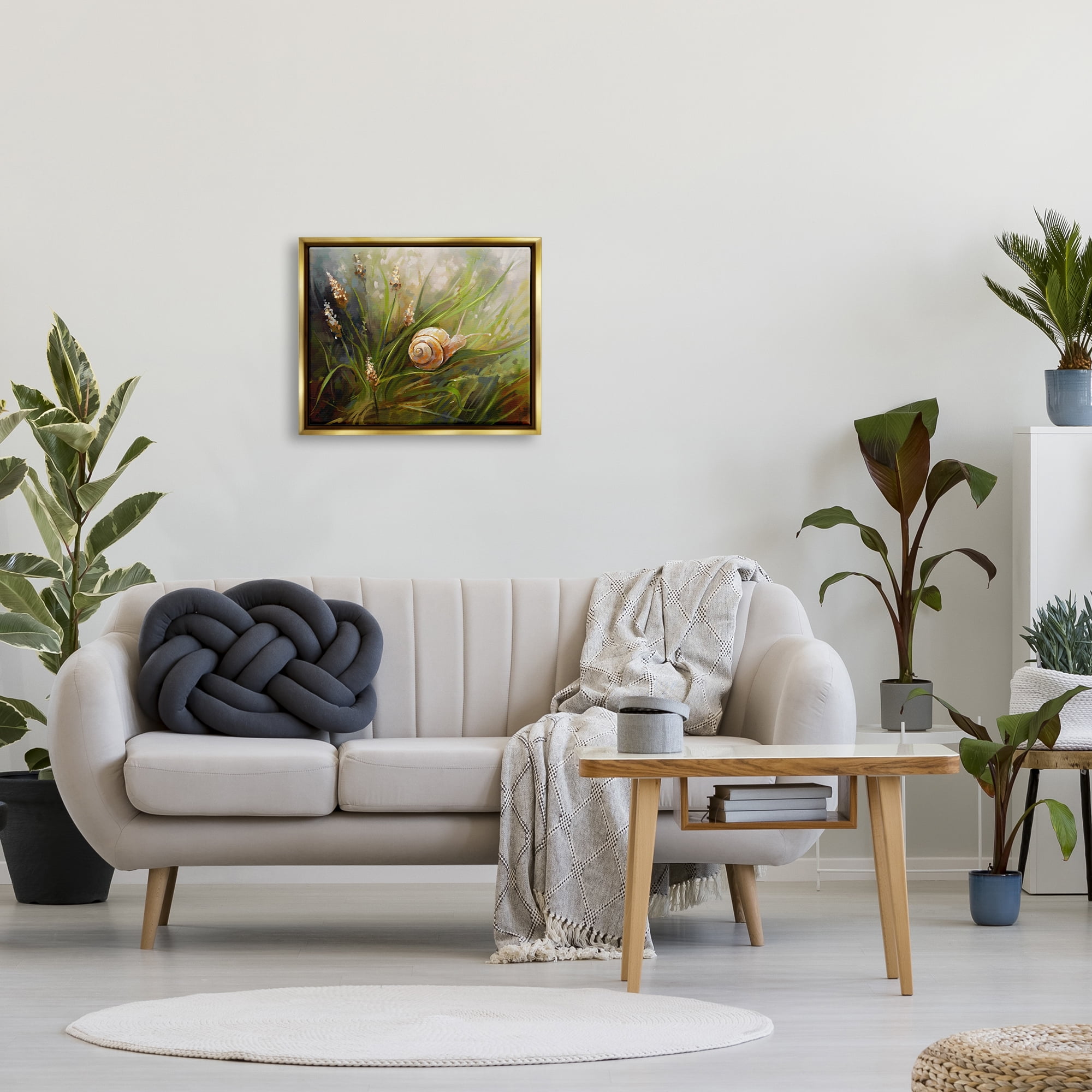 Stupell Industries Snail on Greenery Painting Animals & Insects Painting Gold Floater Framed Canvas Art Print Wall Art, 21 x 17