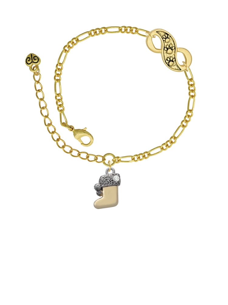 Delight Jewelry Two-tone 3-D Stocking with Clear Crystal Gold-tone Paw Infinity Link Chain Bracelet, 6"+2" Extender