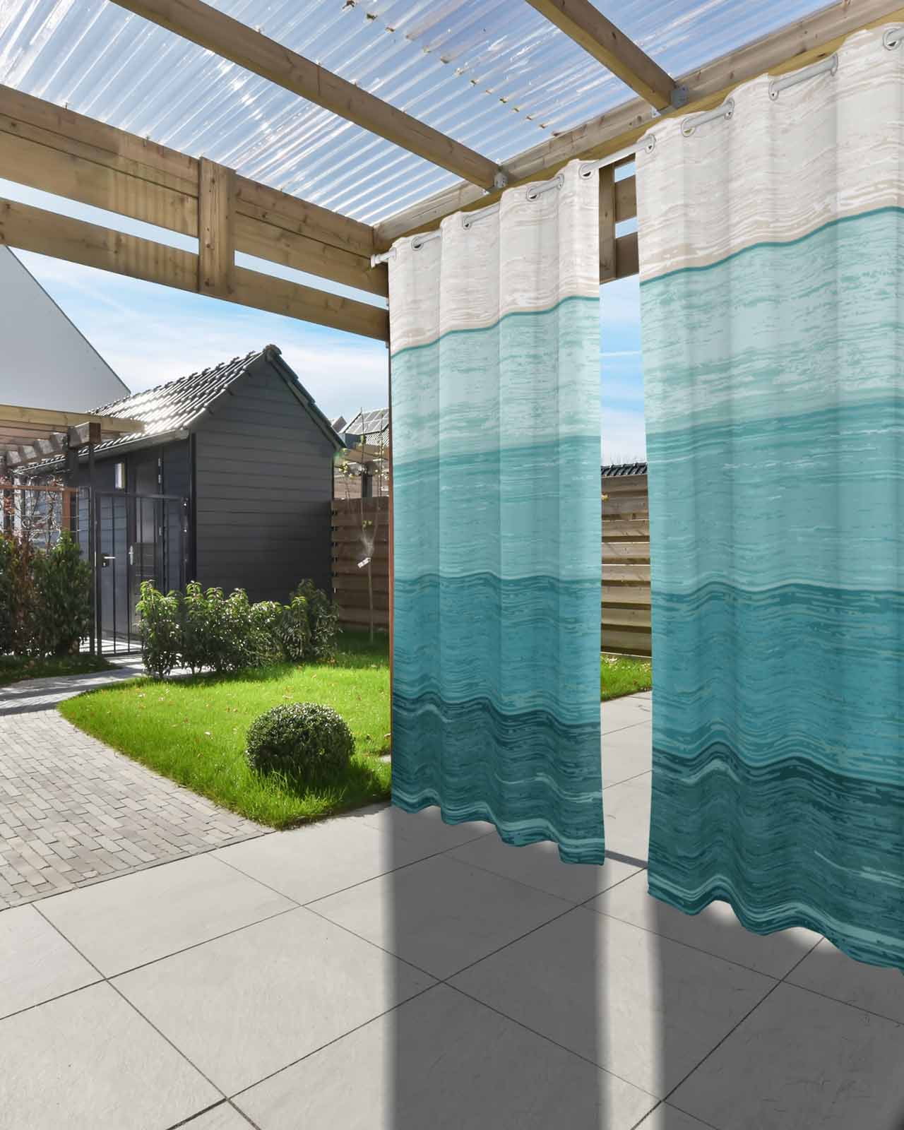 Teal Ombre Outdoor Curtains for Patio, Farmhouse Vintage Wooden Striped Privacy Drapes Grommet Waterproof Outside Curtains for Porch/Cabana/Balcony 54"x 108", 1 Panel