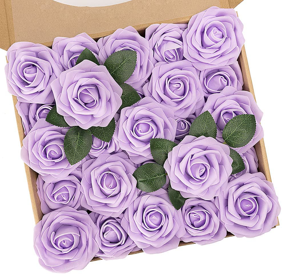 25Pcs Purple Fake Foam Roses with Stems for Wedding Bridesmaid Bridal Bouquets Centerpieces Home Decoration N&T NIETING Artificial Flowers