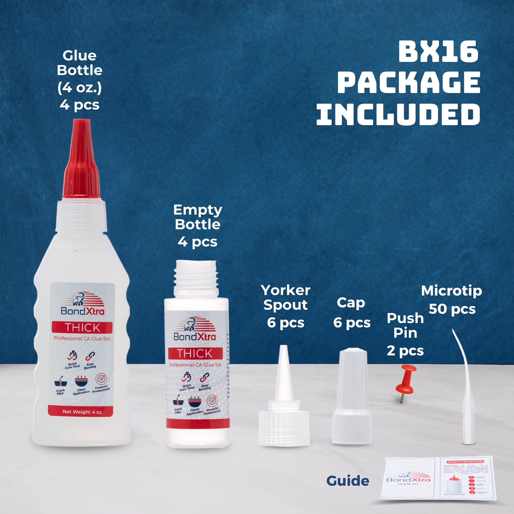 BondXtra Super Glue Kit, Thick Viscocity, Premium CA Clear Nail Glue with Extra Bottles, Caps and Microtips, Acrylic Nail Kit for Home Improvement, Plastic, Wood and DIY Craft, 16 oz
