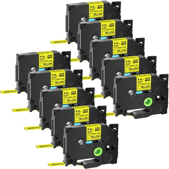 GREENCYCLE 10PK Compatible for Brother P-touch HSE-611 HS-611 HSe611 HS611 5.8mm 0.23" Black on Yellow Heat-shrink Label Tape